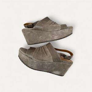 TRASK Shari Women's Shoes Gray Teak Suede Leather Wedge/ Sandals